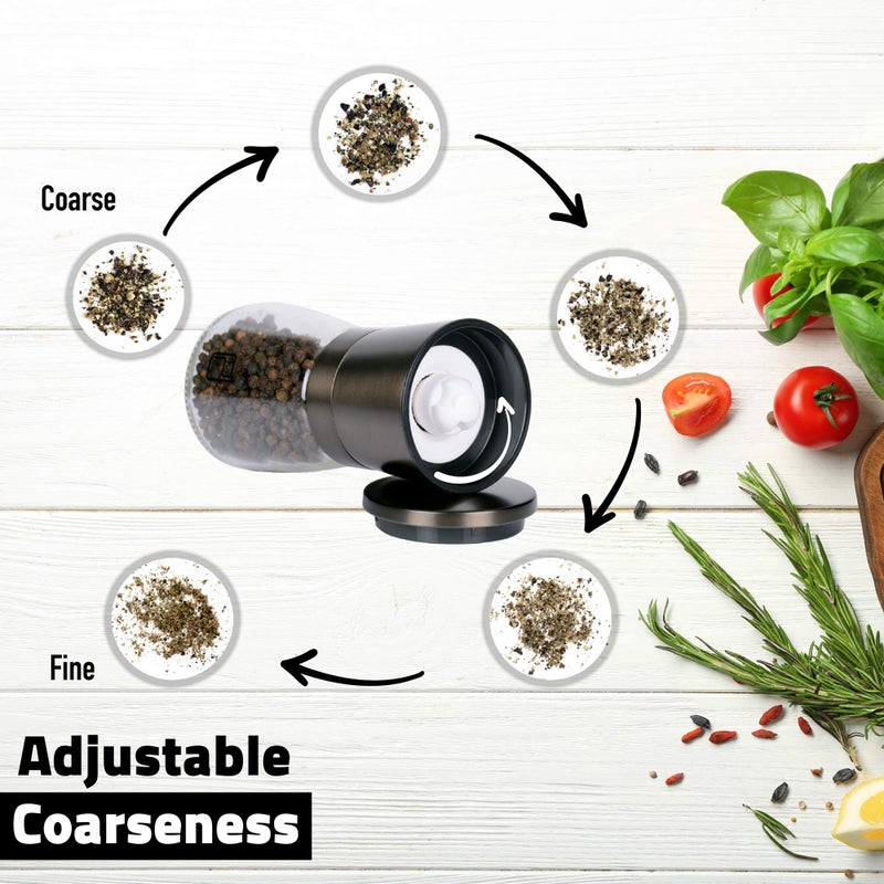 PJCKitchen Premium Black Stainless Steel Salt and Pepper Grinder Set With Stand in Bamboo Wood - Gunmetal Salt and Pepper Shakers with Adjustable Coarseness - Bronze Pepper Mill and Salt Grinders Shaker set - Image 4